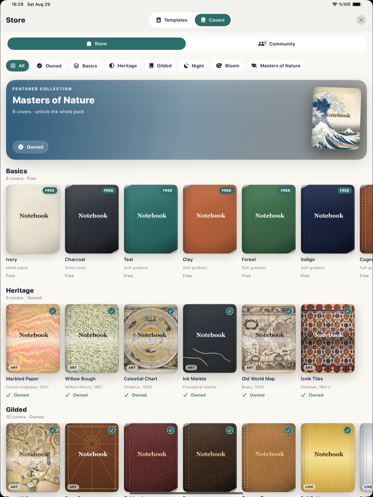 Noteday's cover store showing museum-art notebook covers — a Hokusai wave, William Morris willow, Klimt gold, marbled endpaper and İznik tiles.
