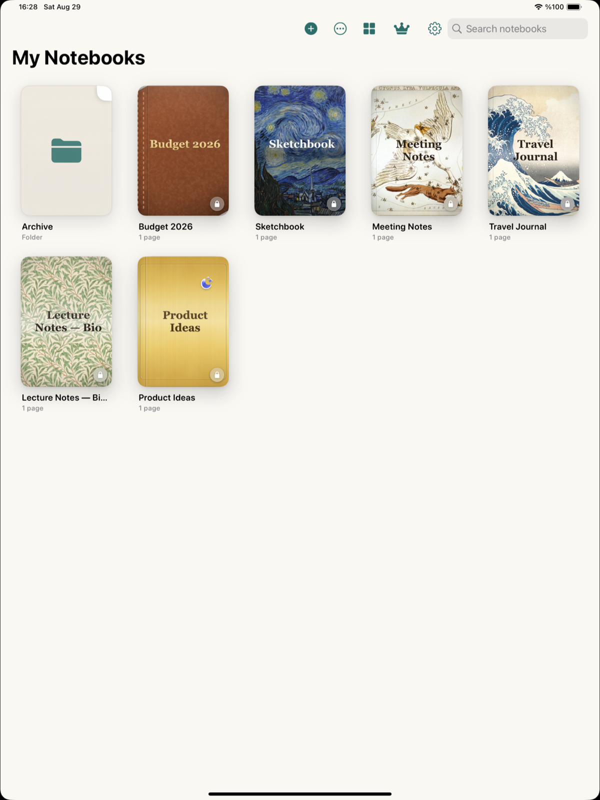 The Noteday library — a grid of notebooks with art covers including Van Gogh's Starry Night, a celestial star chart, Hokusai's wave, a William Morris pattern and a living gold cover.